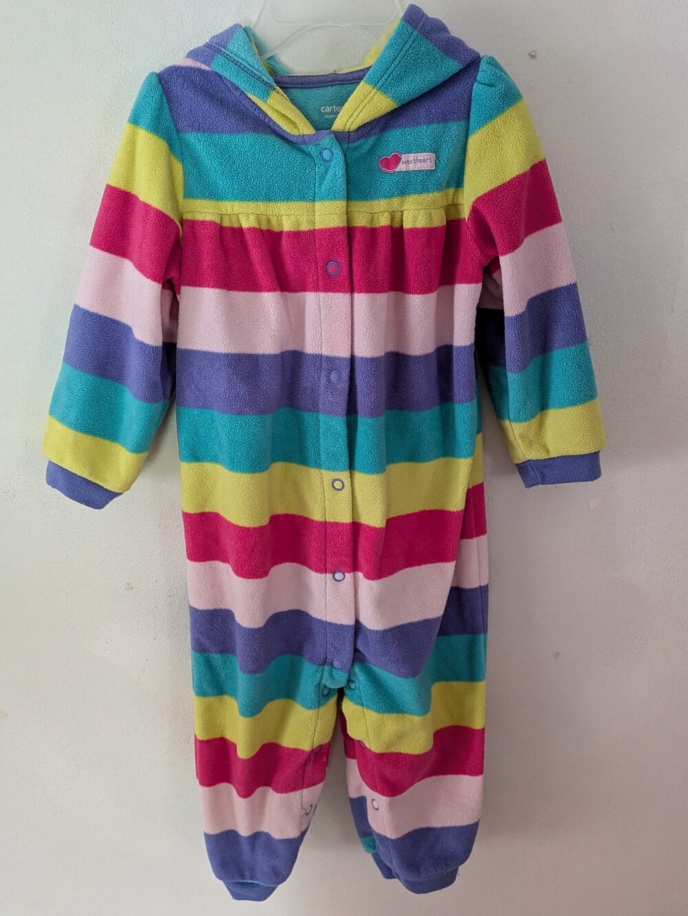 Carter's Baby Colorful Rainbow Striped Hooded Fleece One Piece Jumpsuit - Picture 2 of 5